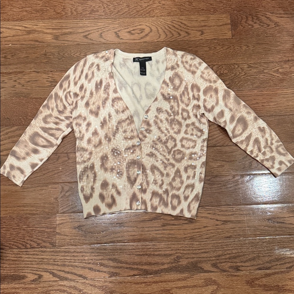 INC leopard print sequin button up sweater
